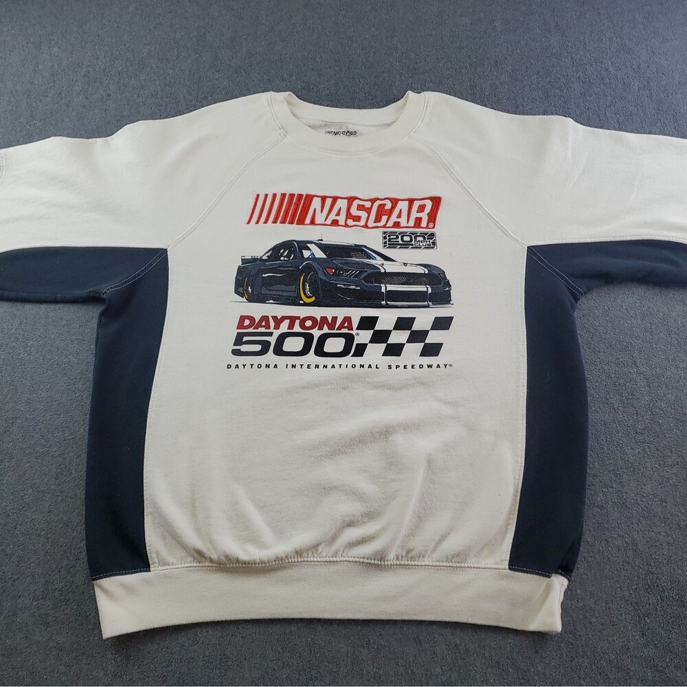 Nascar Daytona 500 Graphic Sweatshirt Mens Large Cream Black Colorblock Freeze